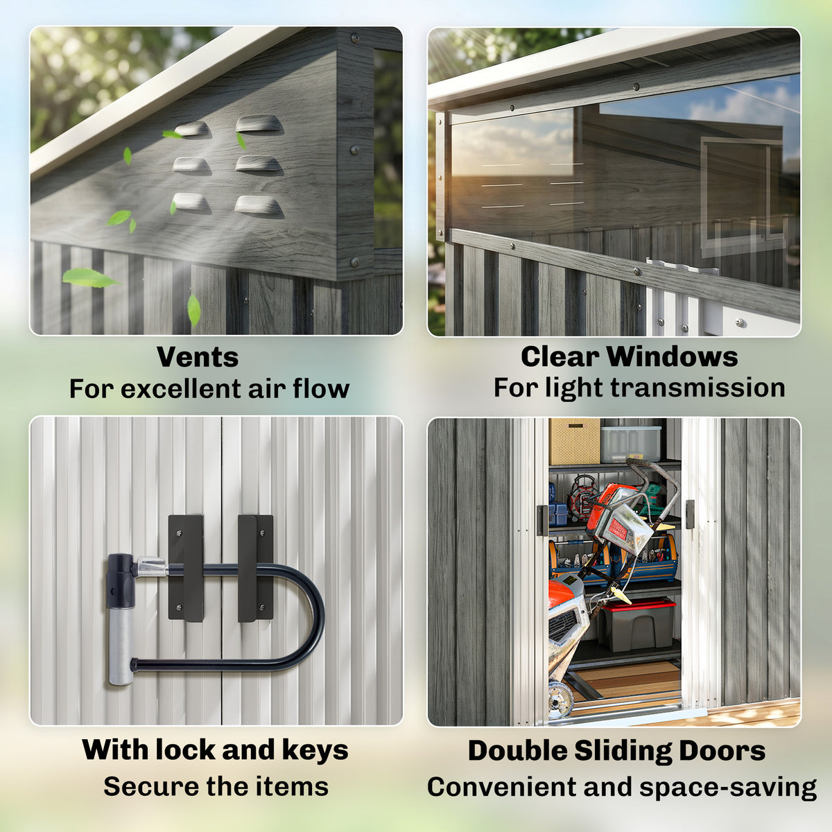 Outsunny shed feature collage showing vents, clear windows, lock and keys, and sliding doors