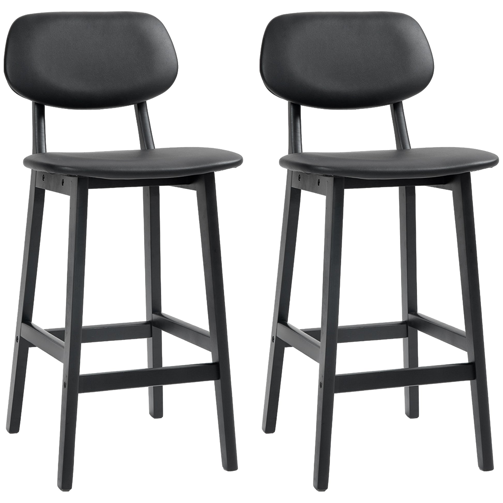 Photo of HOMCOM Set of Two Wooden Classic Bar Stools, with Faux Leather Seats - Black in Black colour on a white background