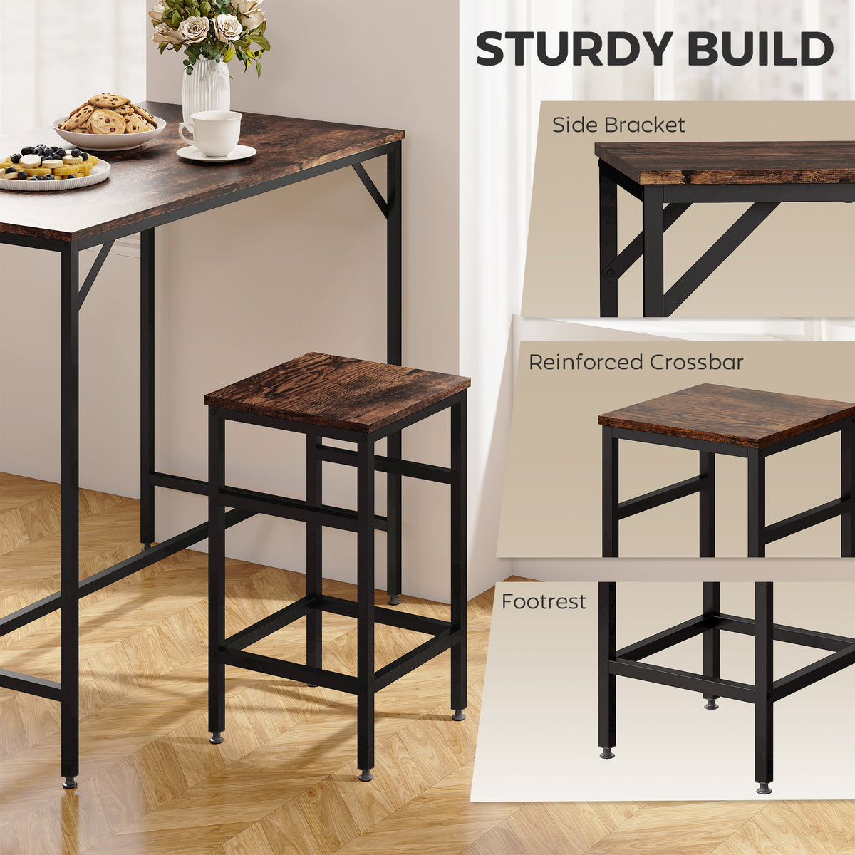 HOMCOM bar table and stool showing side brackets, crossbars, and footrests