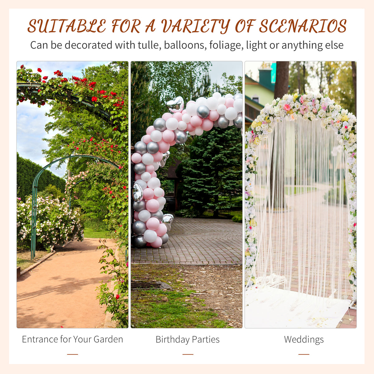 Metal garden trellis arch shown decorated with greenery, balloons, and wedding drapes