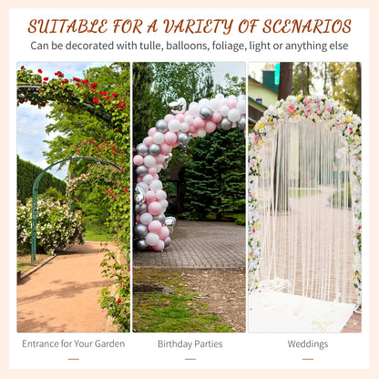 Metal garden trellis arch shown decorated with greenery, balloons, and wedding drapes