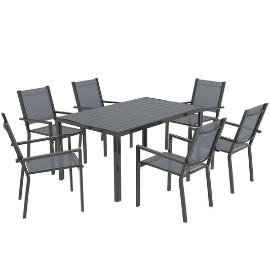 Photo of Outsunny 7 Piece Garden Dining Set, Outdoor Furniture Set with 6 Stackable Chairs and 150 cm Rectangle Table, WPC Slatted Top, Rust-Resistant Steel Frame, for Garden, Porch, Terrace in Terrace colour on a white background
