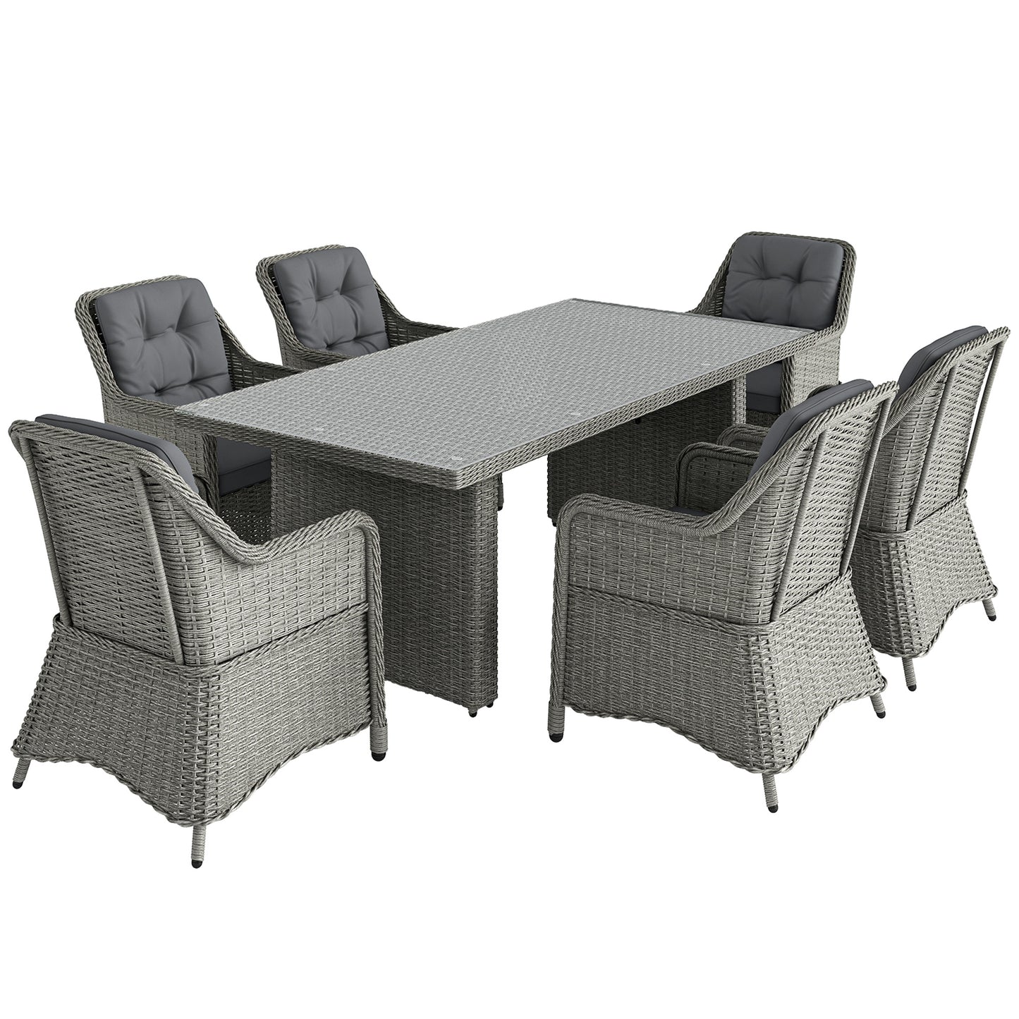 Photo of Outsunny 6 Seater Rattan Garden Dining Set with Cushions, Aluminium Outdoor Patio Furniture Set for Garden Gatherings & Outdoor Dining, Mixed Grey in Grey colour on a white background