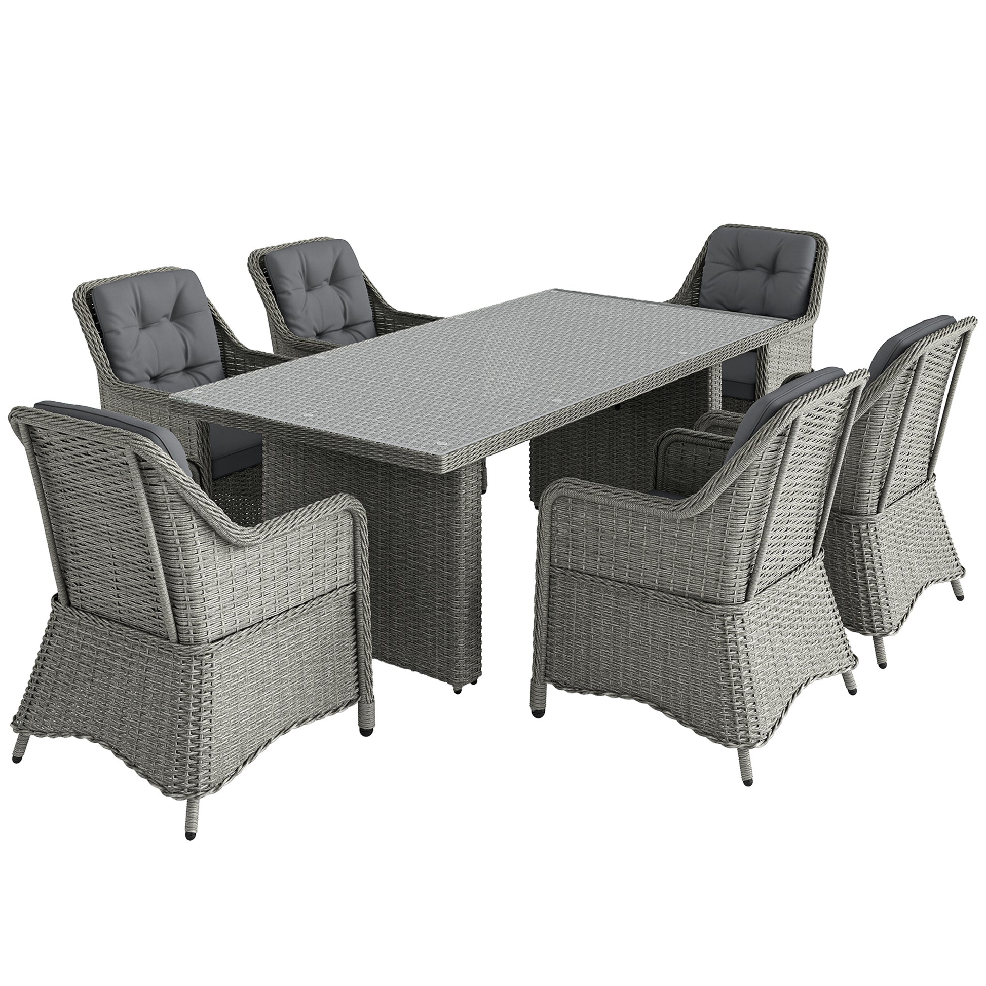 Photo of Outsunny 6 Seater Rattan Garden Dining Set with Cushions, Aluminium Outdoor Patio Furniture Set for Garden Gatherings & Outdoor Dining, Mixed Grey in Grey colour on a white background