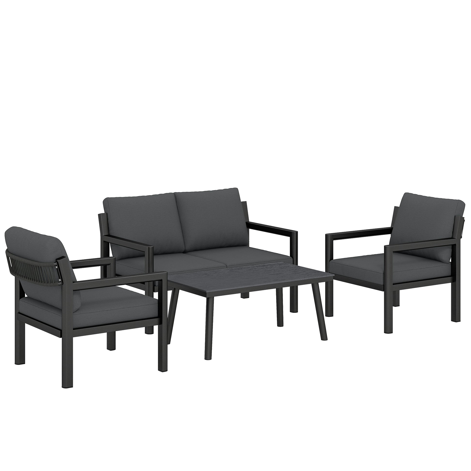 Photo of Outsunny 4 Seater Rattan Garden Furniture Set with 2 Armchairs, Loveseat, Coffee Table, Garden Sofa Set with Cushions, Dark Grey in Grey colour on a white background