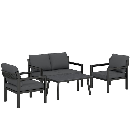 Photo of Outsunny 4 Seater Rattan Garden Furniture Set with 2 Armchairs, Loveseat, Coffee Table, Garden Sofa Set with Cushions, Dark Grey in Grey colour on a white background