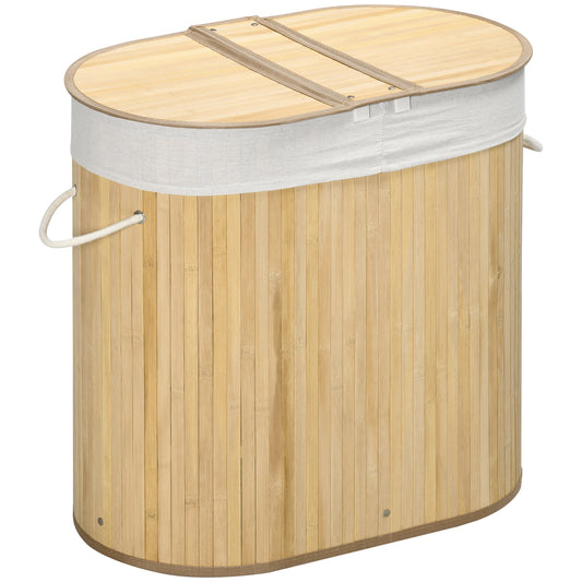 Photo of HOMCOM Bamboo Laundry Basket with Lid, 100 Litres Laundry Hamper with 2 Sections, Removable Washable Lining, Washing Baskets, 62.5 x 37 x 60.5cm, Natural in Natural colour on a white background