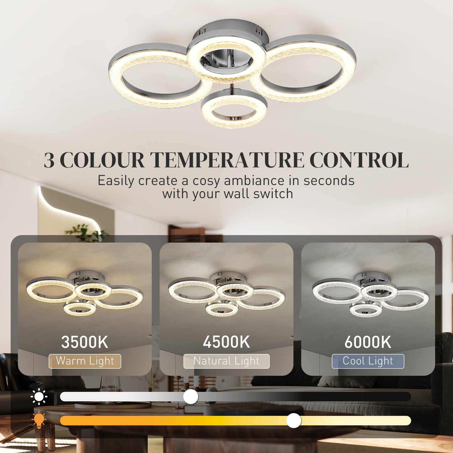 HOMCOM 4-Ring LED Ceiling Light, Flush Mount Ceiling Light with 3 Colour Temperatures, Silver Tone