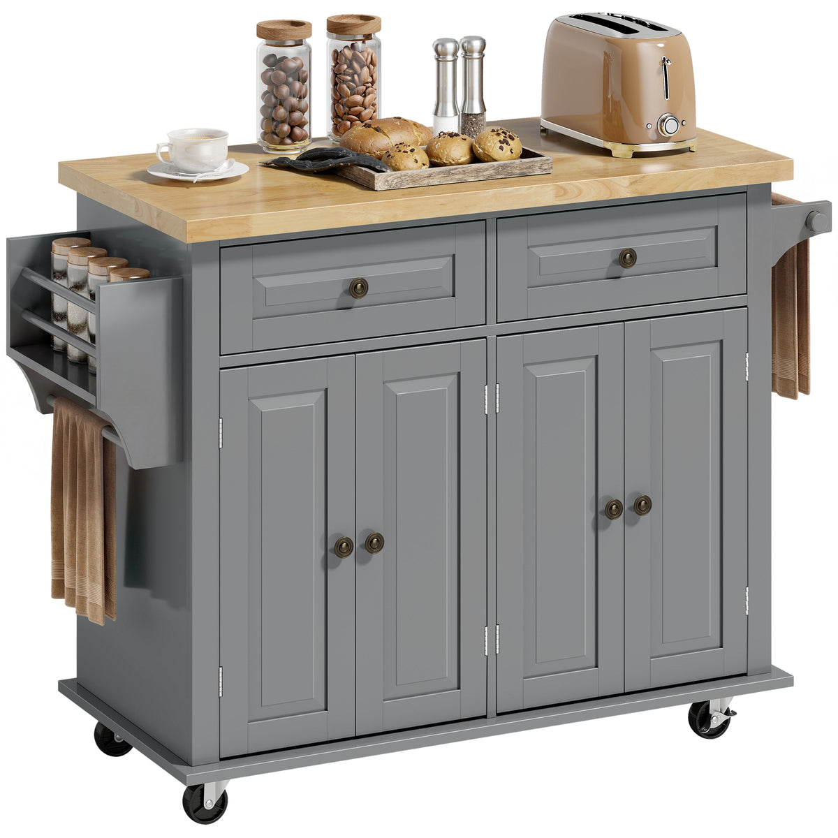 Grey rolling kitchen island with rubberwood top, two drawers, cabinet doors, spice rack and towel bars