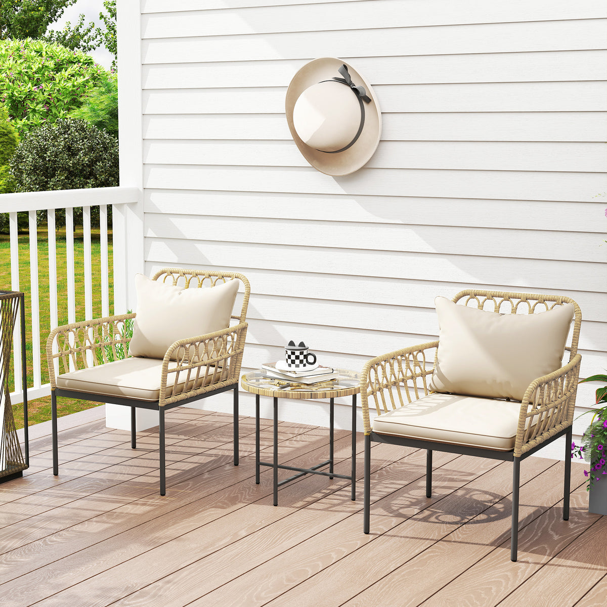 Outsunny 3 Piece Rattan Bistro Set, Wicker Garden Furniture Set with Cushions, Glass Top Coffee Table and Chairs for Outdoor, Patio, Balcony, Beige