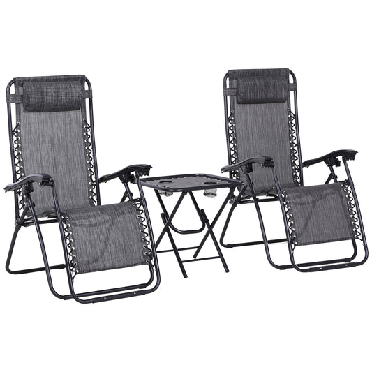 Photo of Outsunny 3pcs Folding Zero Gravity Chairs Sun Lounger Table Set w/ Cup Holders Reclining Garden Yard Pool, Light Grey in Grey colour on a white background