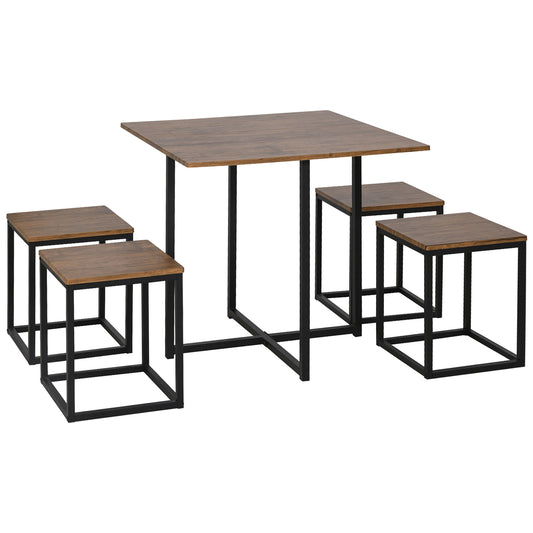 Photo of HOMCOM 5 Piece Dining Table and Chairs Set 4, Industrial Space Saving Table and Chairs with Metal Frame, Square Kitchen Table and Stools for Dining Room, Brown in Brown colour on a white background