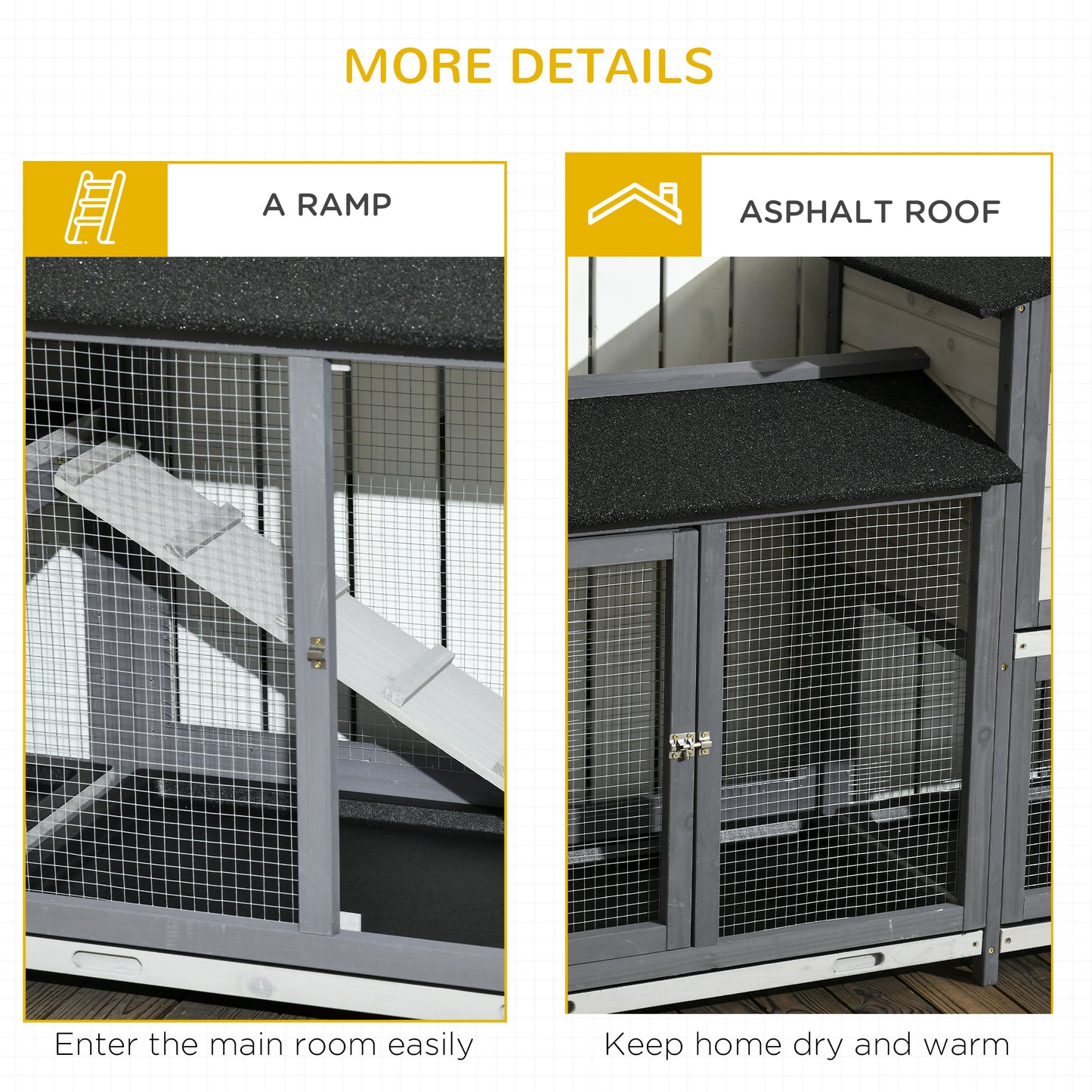 PawHut 2-Tier Large Rabbit Hutch Outdoor with Double Side Run Boxes, No-leak Plastic Tray, Ramp, 230 x 53 x 93.5cm, Light Grey