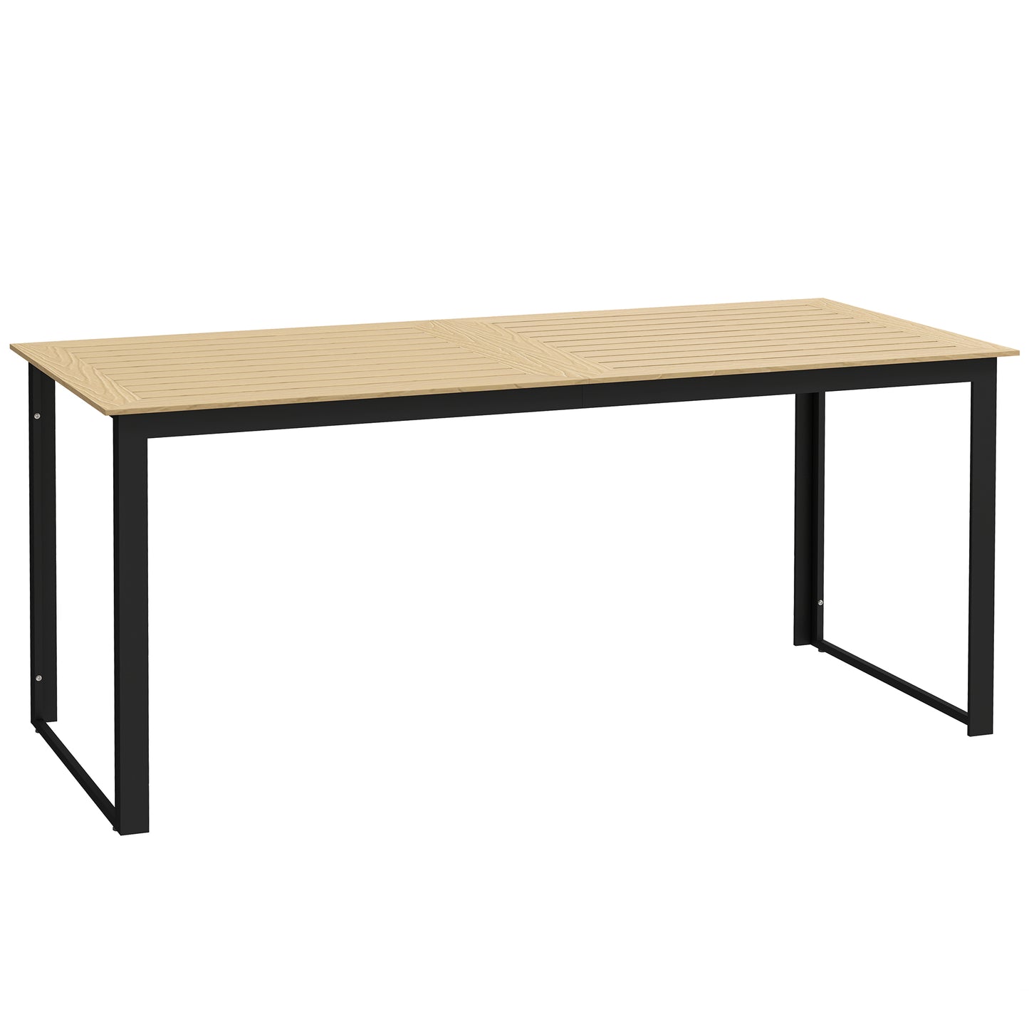 Photo of Outsunny Garden Table for 6 People, 175 x 78 x 75 cm Rectangle Outdoor Dining Table with Slatted Top, Metal Frame, for Balcony, Deck, Teak in Teak colour on a white background