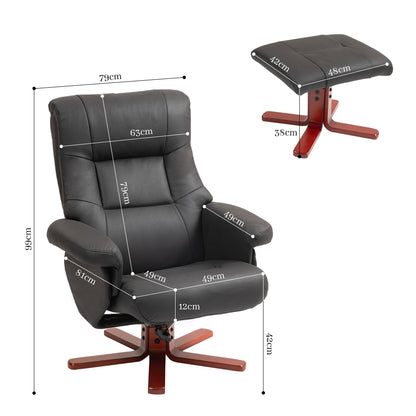 Recliner chair and footstool with measurement labels showing their dimensions