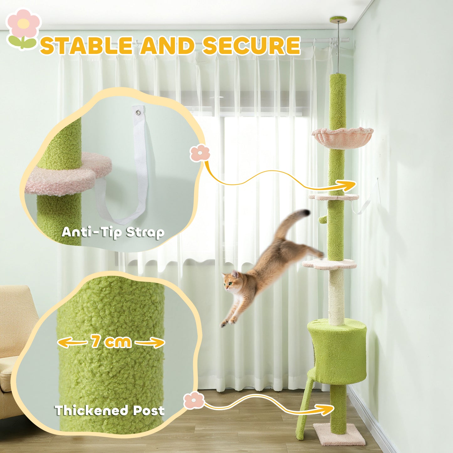 PawHut 220-240 cm Floor to Ceiling Cat Tree Adjustable Height with Hammock, Condo, Scratching Posts, Green