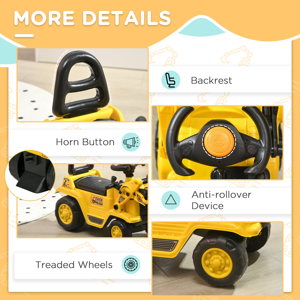 Yellow ride-on excavator details include backrest, horn button, steering wheel and treaded wheels.