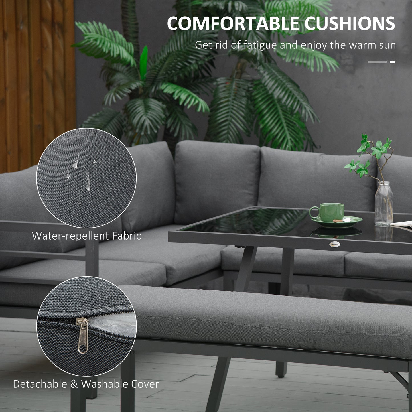 Outsunny 4 Piece L-shaped Garden Furniture Set 8-Seater Aluminium Outdoor Dining Set Conversation Sofa Set w/ Bench, Dining Table & Cushions, Grey