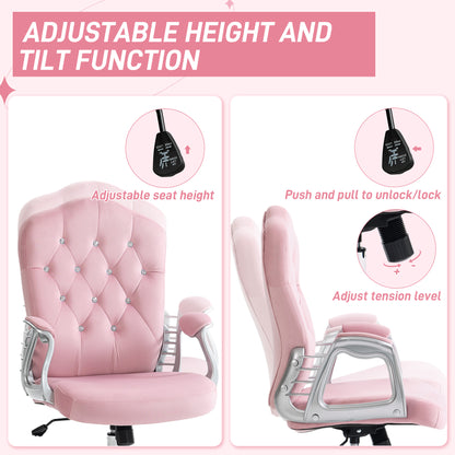 Pink work chair with adjustable seat height, tilt, and tension controls