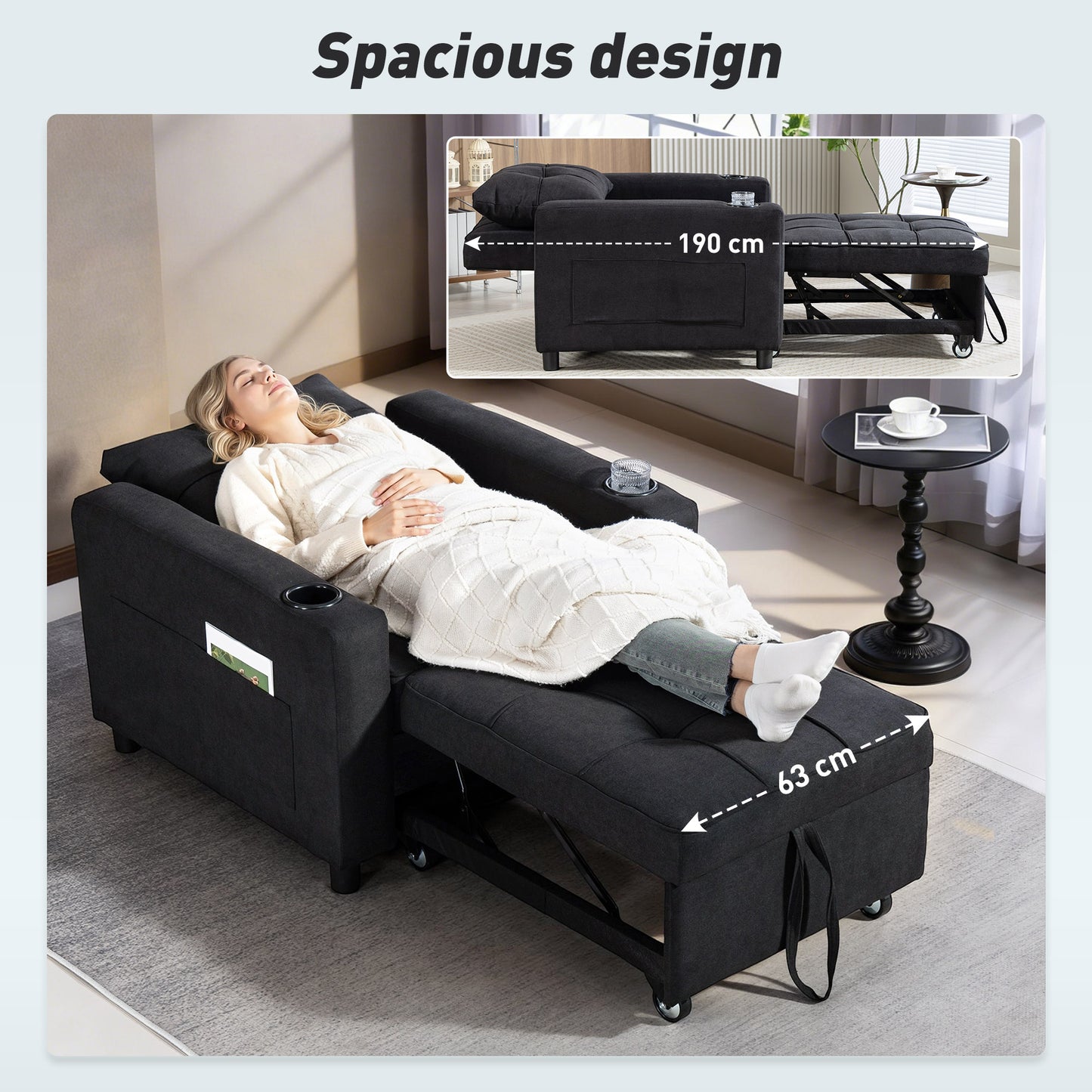 HOMCOM 3-in-1 Single Sofa Bed, Convertible Sleeper Chair Bed - Black