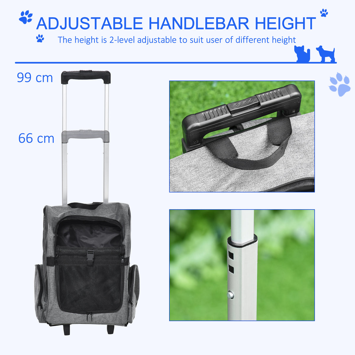 PawHut 2 in 1 Dog Backpack and Trolley, Pet Travel Backpack Cat Dog Carrier with Telescopic Handle, Portable Pet Stroller Wheel Luggage Bag (Grey)
