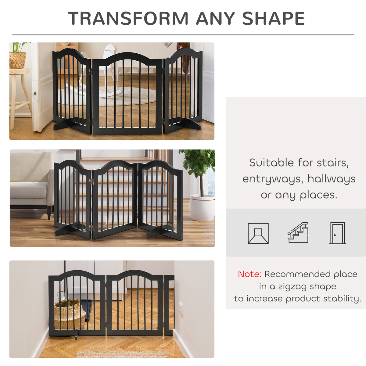 PawHut Freestanding Dog Gate Wooden Stair Gate for Dogs with Support Feet Foldable Pet Fence Safety Barrier for the House Doorway Stairs Black
