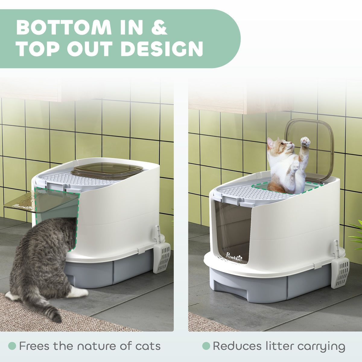 PawHut top-entry litter box shown with cats entering and exiting