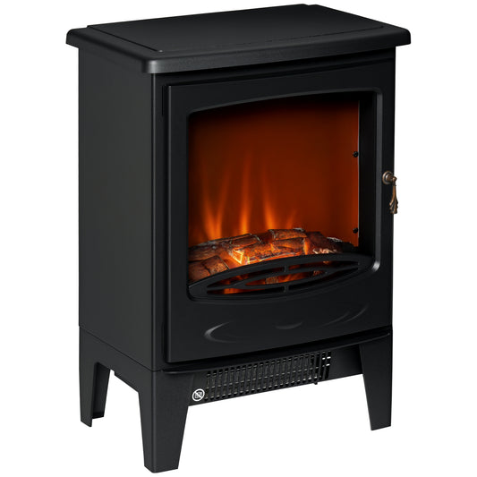 Photo of HOMCOM Electric Fireplace Stove, Free standing Fireplace Heater with Realistic LED Flame Effect and Adjustable Brightness, Overheat Safety Protection, 900W/1800W, Black in Black colour on a white background