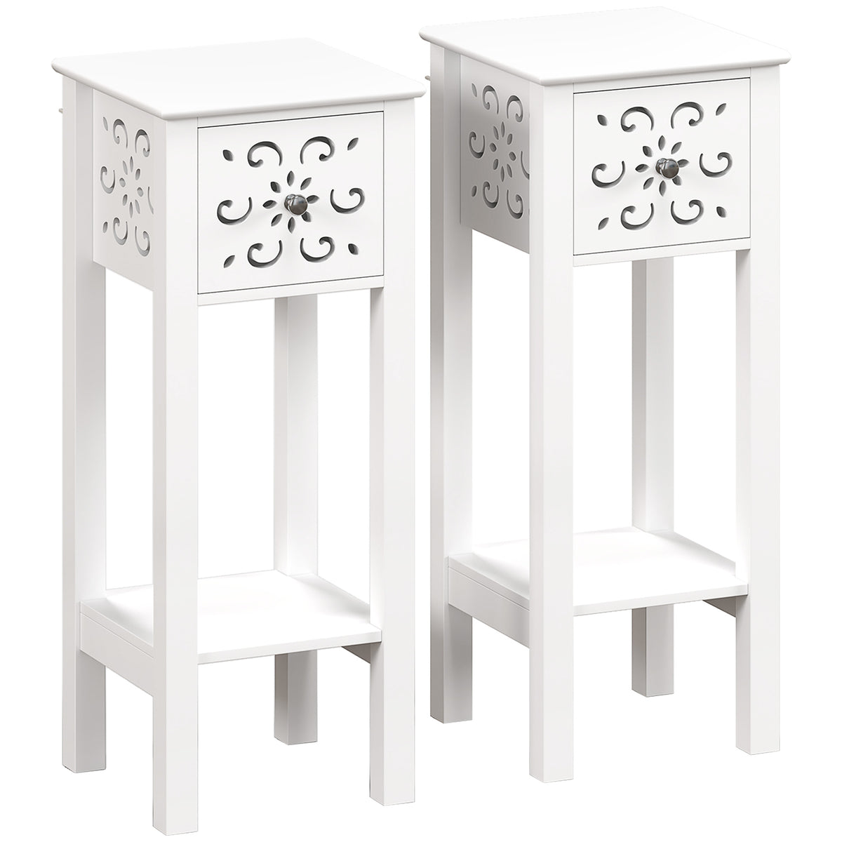 White floral cut-out side tables with drawers and lower shelves, shown as a pair