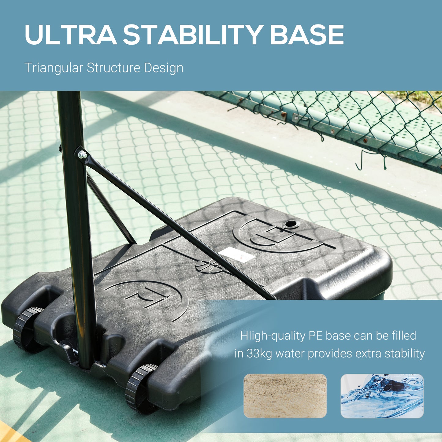 HOMCOM Portable Basketball Stand 170-197cm Adjustable Height Sturdy Rim Hoop w/ Large Wheels Stable Base Net Free Standing
