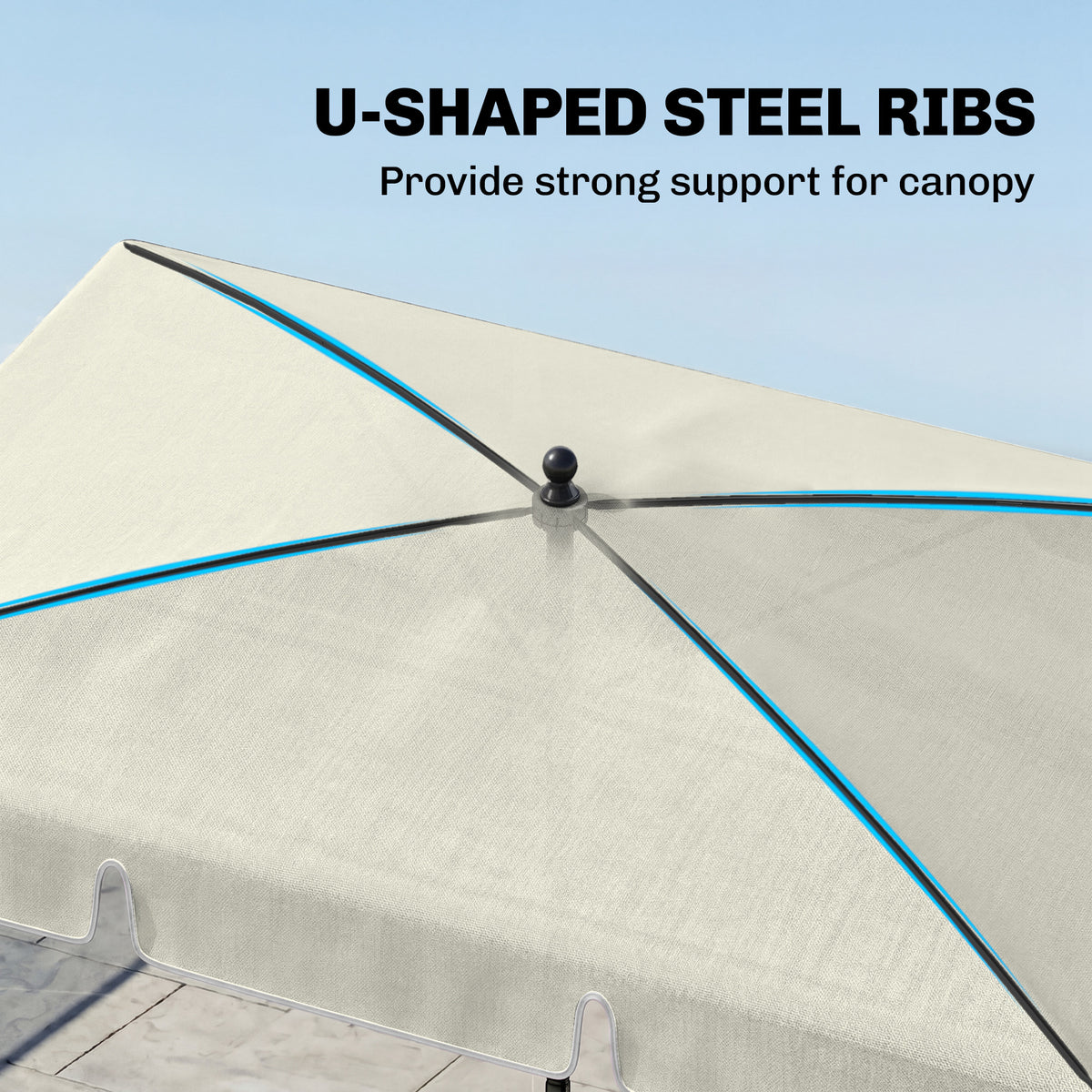 Close-up of cream parasol canopy and black steel support ribs