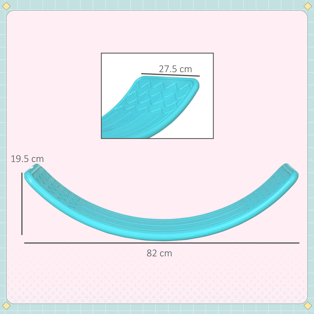 Blue balance board with curved shape and dimensions of 82 by 19.5 cm