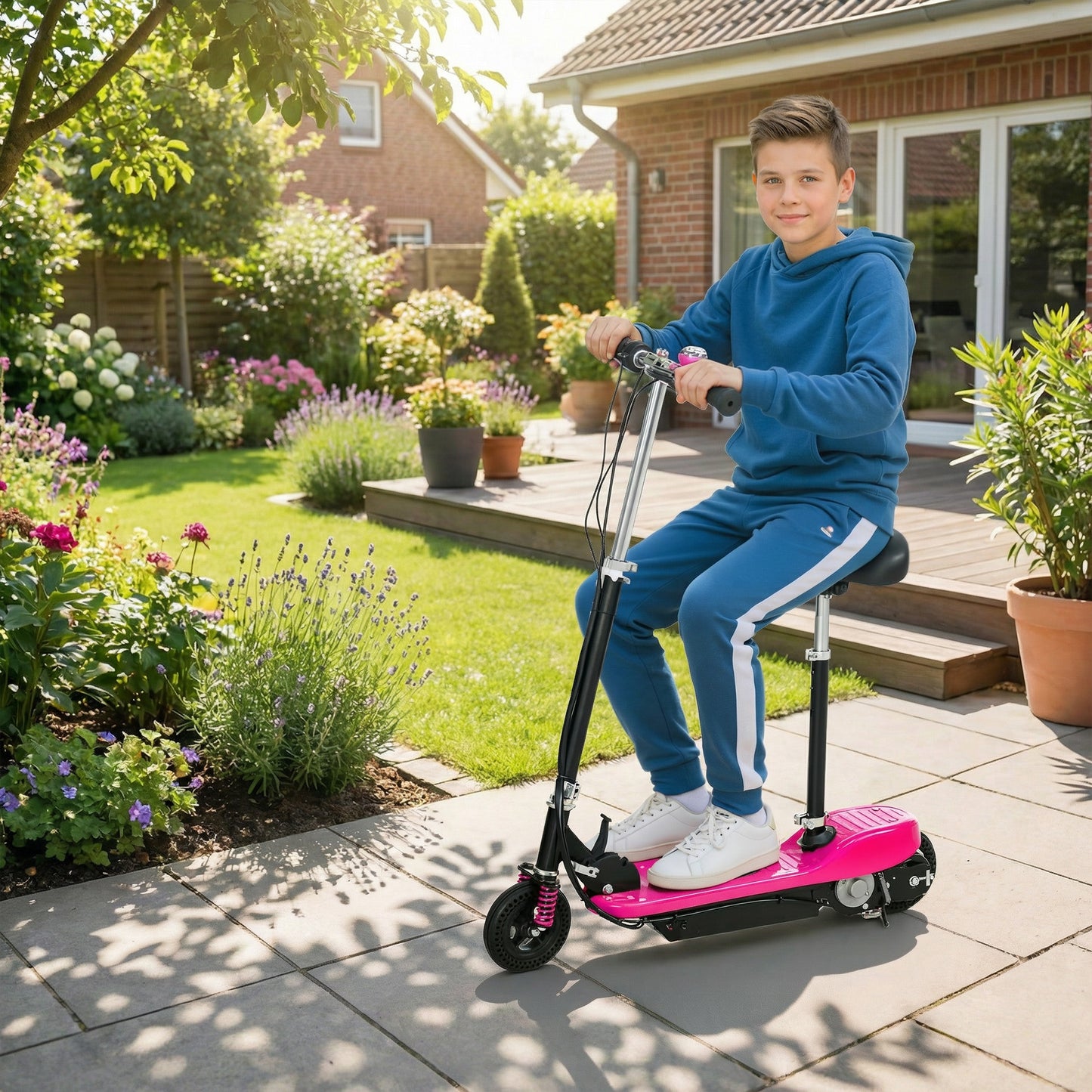 HOMCOM Steel Ride on Powered Scooter, Folding E-Scooter with Warning Bell, 15km/h Maximum Speed, for 6-14 Years Old, Pink