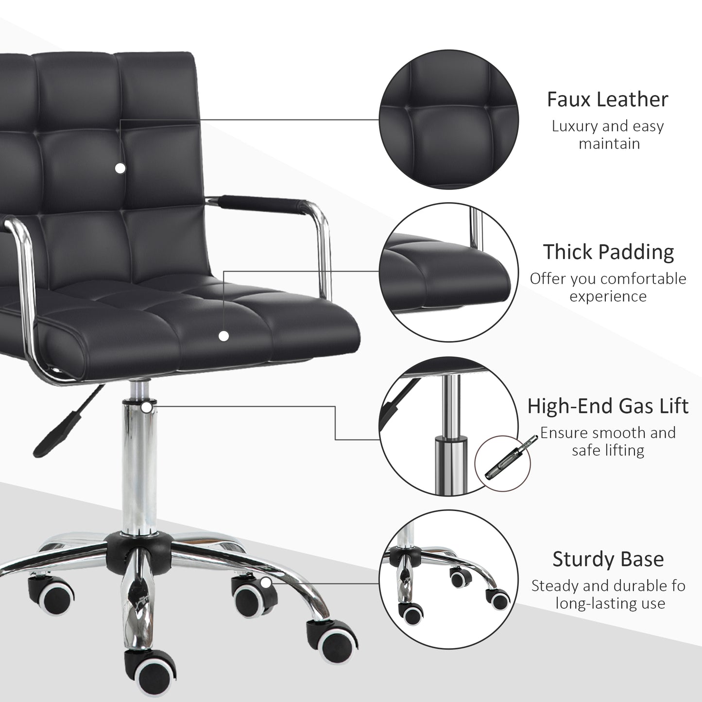 Vinsetto Makeup Vanity Chair, PU Leather Mid Back Office Chair with Adjustable Height, Armrest and Rolling Wheels, Black
