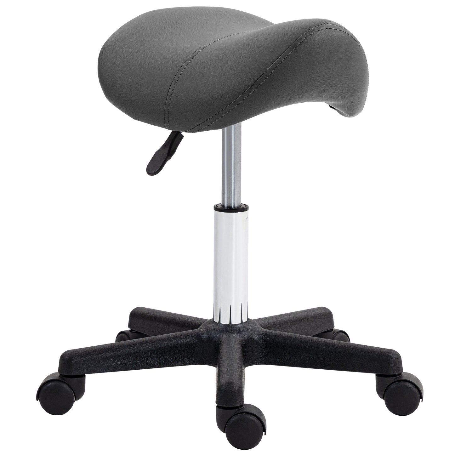 Photo of HOMCOM Saddle Stool, PU Leather Adjustable Rolling Salon Chair with Steel Frame for Massage, Spa, Beauty and Tattoo, Grey in Grey colour on a white background
