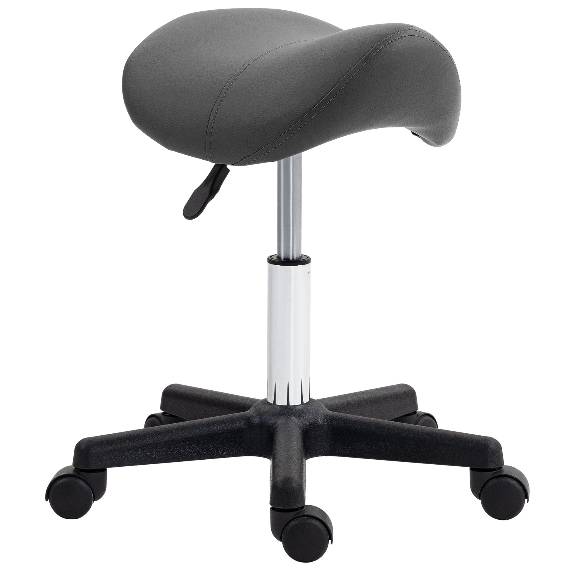 Photo of HOMCOM Saddle Stool, PU Leather Adjustable Rolling Salon Chair with Steel Frame for Massage, Spa, Beauty and Tattoo, Grey in Grey colour on a white background
