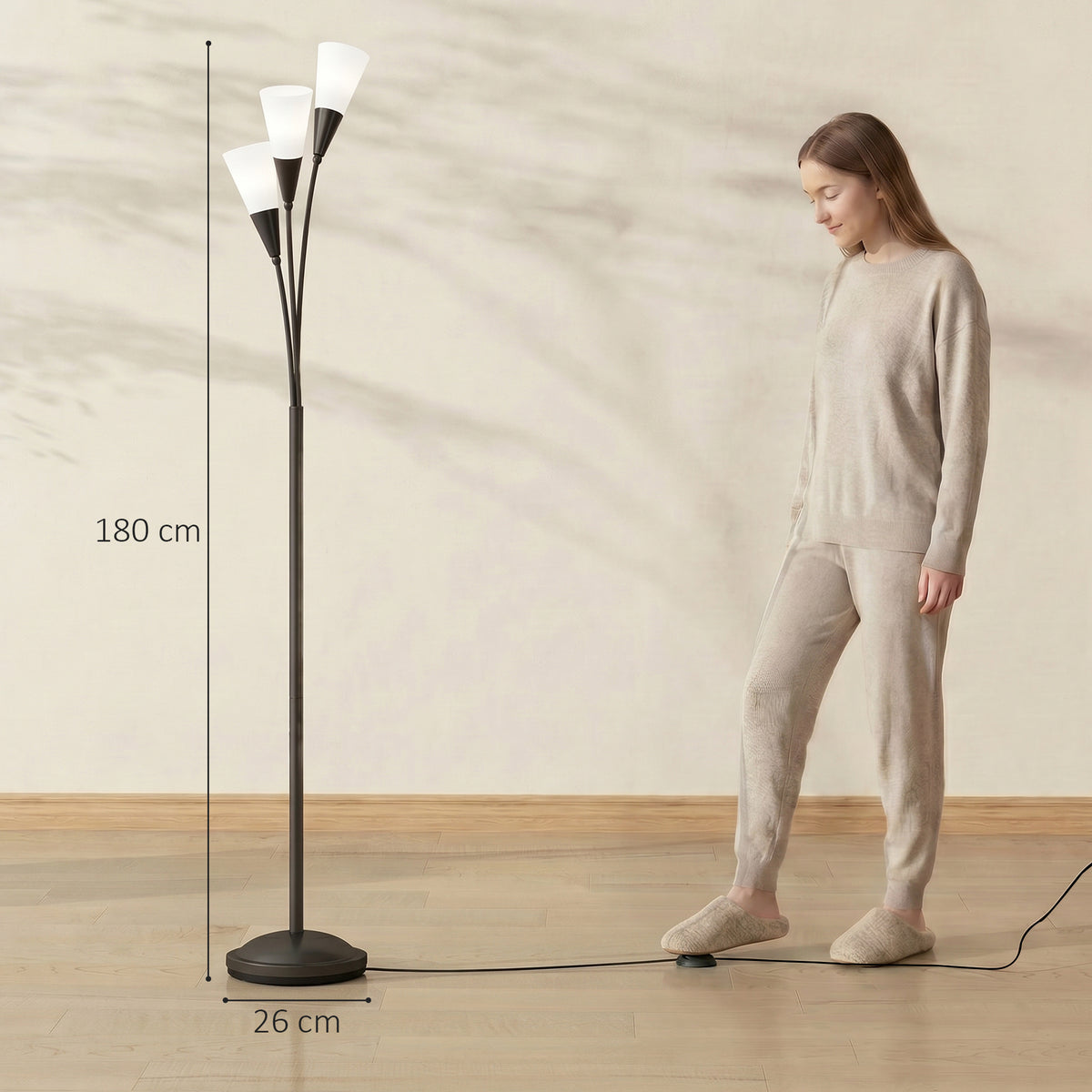HOMCOM Modern Standing Lamp, 3-Light Upright Floor Lamps for Living Room, Black