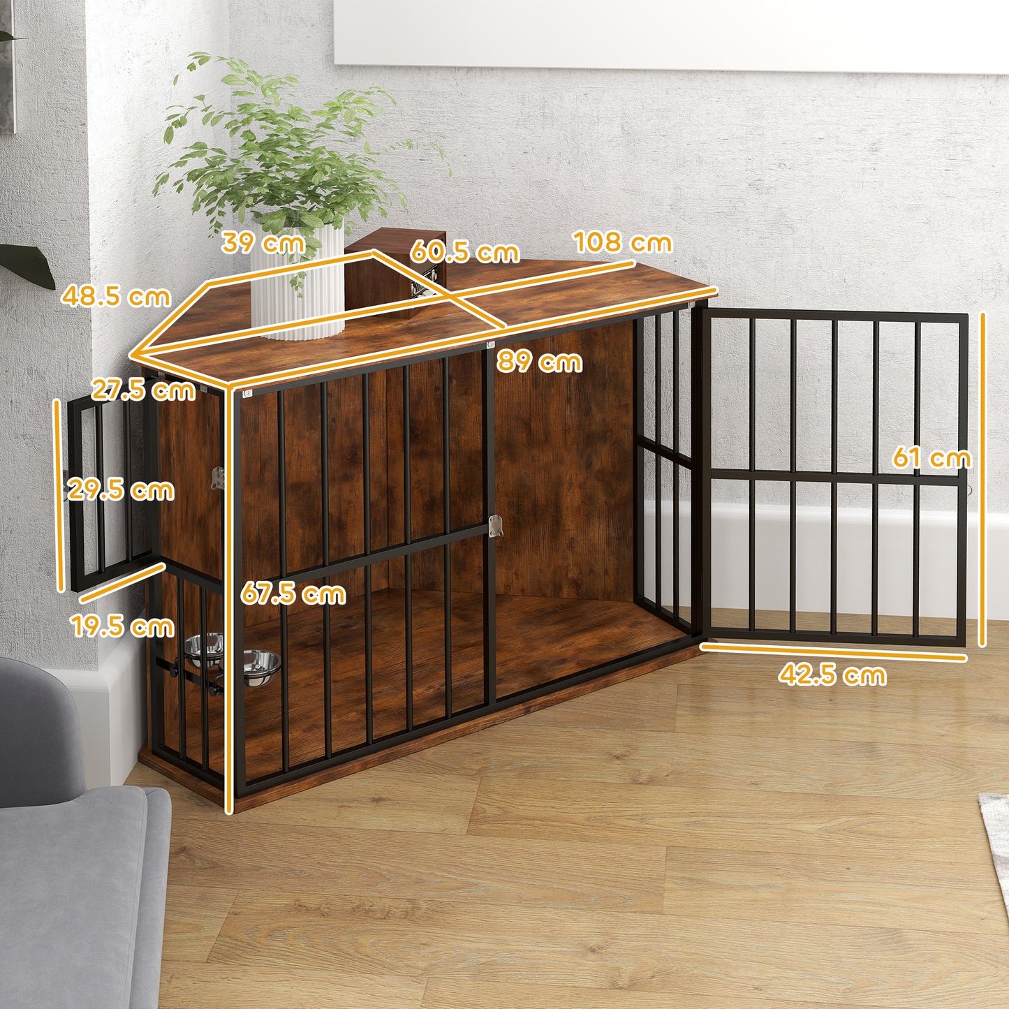 PawHut Corner Dog Crate Furniture with Two Bowls, Lockable Doors, for Small, Medium Dogs, Rustic Brown