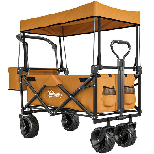 Photo of Outsunny 180L Festival Trolley on Wheels, Push & Pull Beach Cart with Removable Canopy, Wide All-Terrain Wheels, Folding Camping Trolley Cart, Adjustable Handle for Garden Fishing Shopping, Orange in Orange colour on a white background