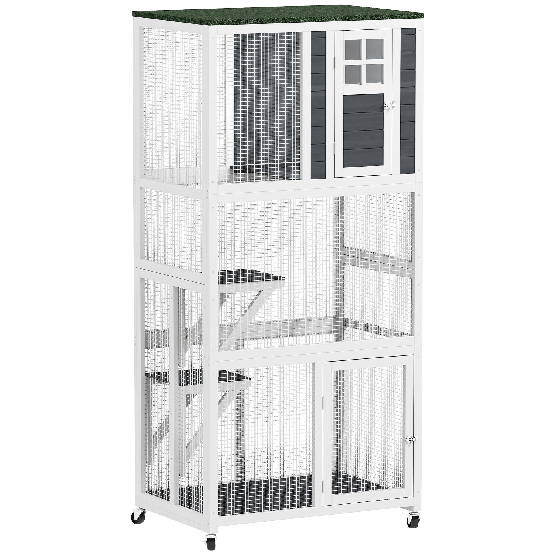 Photo of PawHut Wooden Catio Cat Outdoor Enclosure, Cat Cage with Waterproof Roof, Platforms, for Multiple Cats, White in White colour on a white background