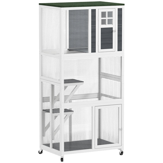Photo of PawHut Wooden Catio Cat Outdoor Enclosure, Cat Cage with Waterproof Roof, Platforms, for Multiple Cats, White in White colour on a white background