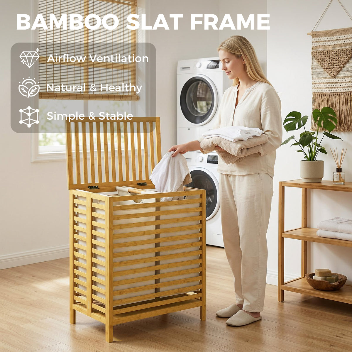 HOMCOM Bamboo Laundry Basket with Lid, 2 Baskets, Foldable, 64L, Natural and Cream White