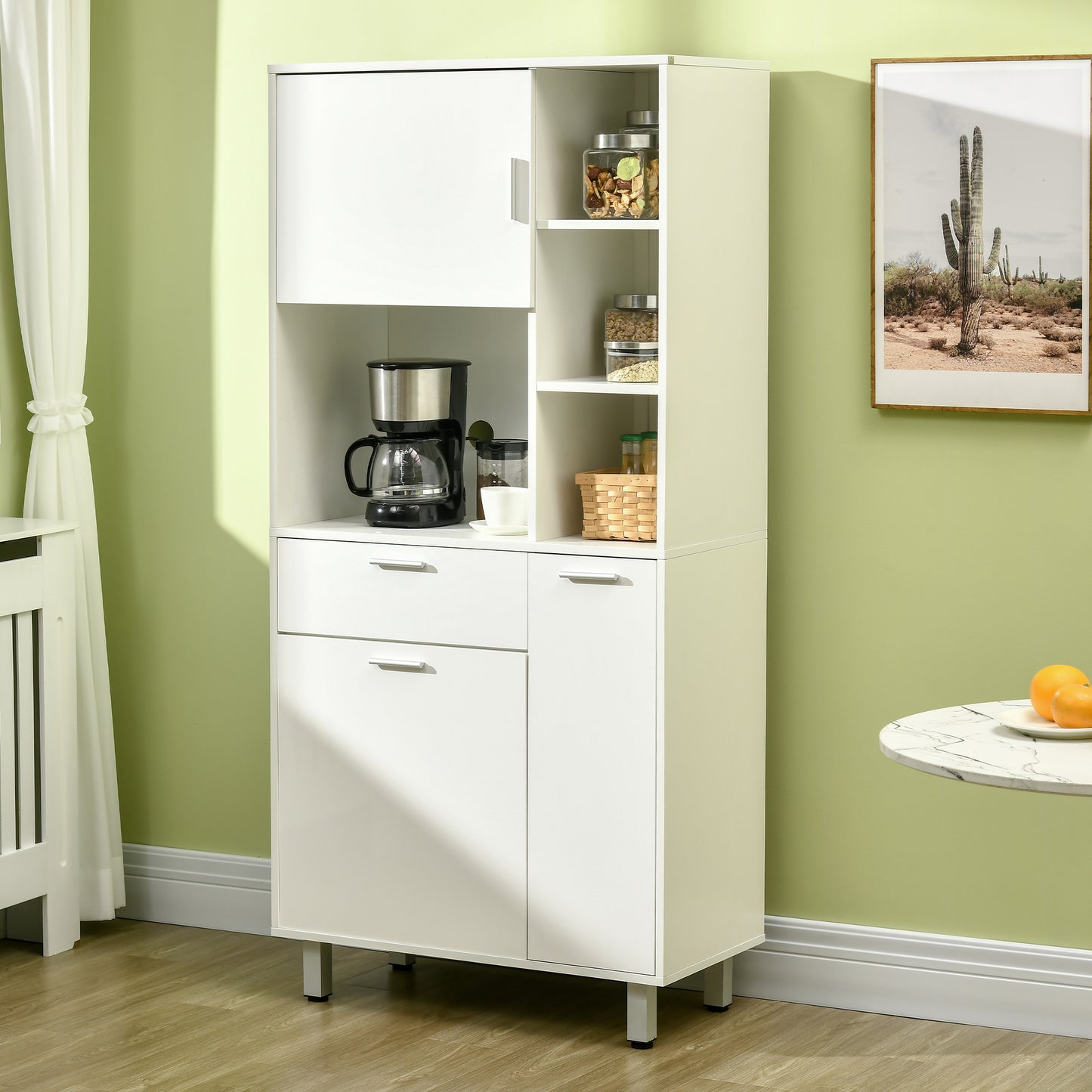 HOMCOM Kitchen Cupboard, Modern Kitchen Storage Cabinet with Shelves and Drawer, Free Standing Kitchen Sideboard, 166 cm, White