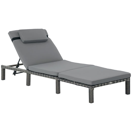 Photo of Outsunny Rattan Sun Lounger, 5-Level Adjustable Garden Lounger Recliner with Cushion and Headrest, Outdoor Reclining Sunbed, Steel Frame Garden Chair for Patio, Beach, Terrace, Dark Grey in Grey colour on a white background