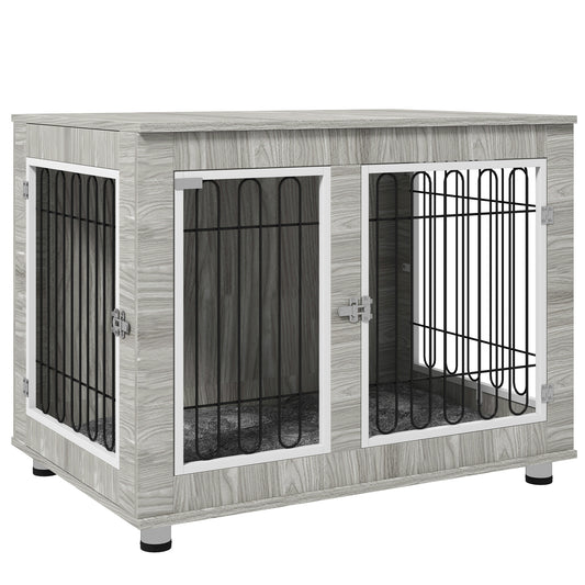 Photo of PawHut Indoor Dog Kennel w/ Soft Cushion, Double Door for Large Dogs, 106 x 74 x 81.5cm, Grey in Grey colour on a white background