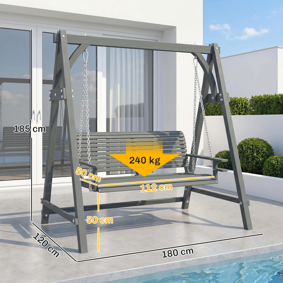 Outsunny gray two-seat wooden garden swing bench with dimensions and 240 kg capacity shown