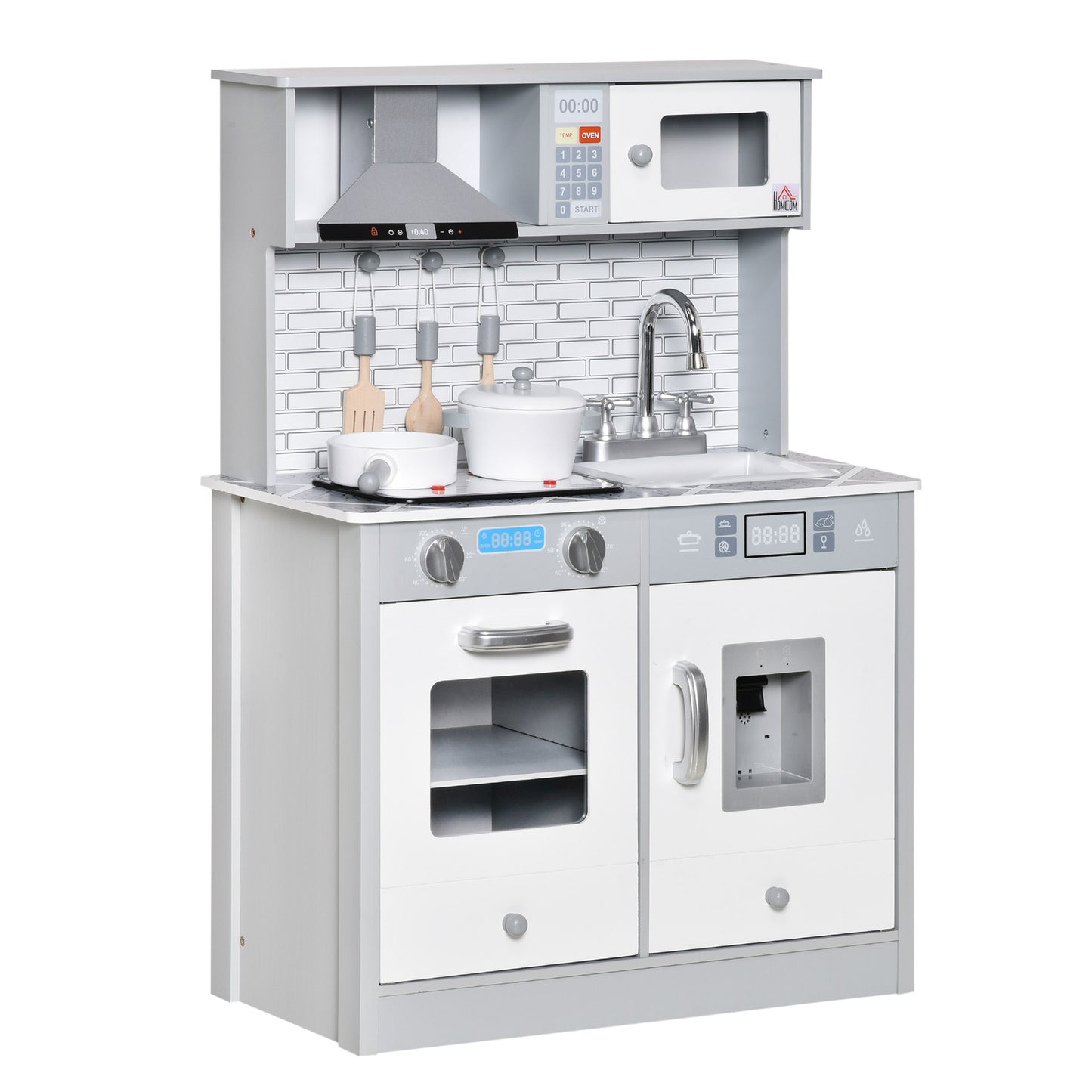 Photo of HOMCOM Kids Wooden Toy Kitchen Pretend Play Cooking Playset w/ Sound & Light Effect, Battery Operated Cooktop, Ice Machine, Marble Pattern Countertop, for 3-6 Years Old in Old colour on a white background