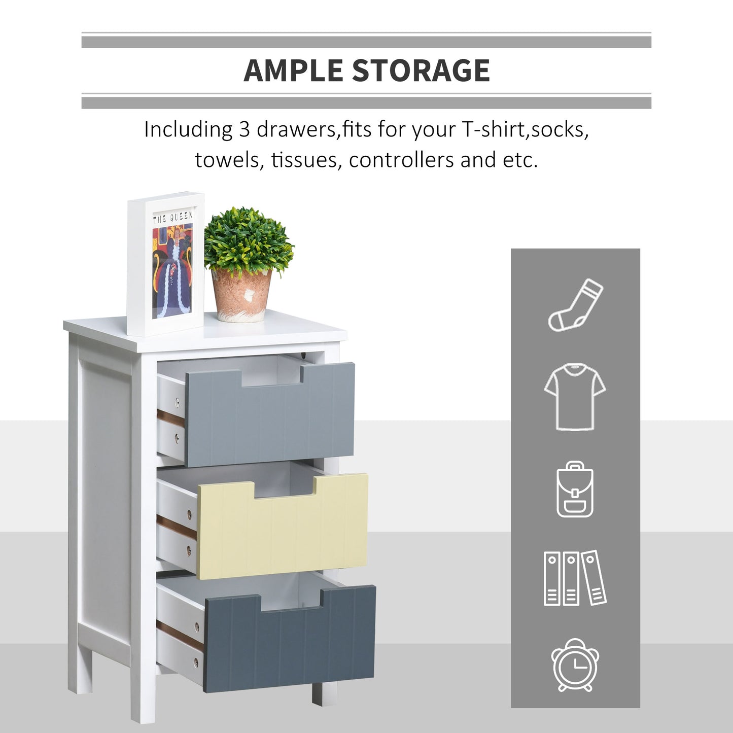 HOMCOM 3 Drawer Storage Tower, Dresser Chest with Wood Top, Organiser Unit for Closets Bedroom Nursery Room Hallway