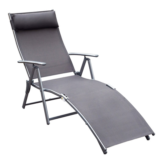 Photo of Outsunny Sun Lounger Steel Frame Outdoor Folding Chaise Texteline Lounge Chair Recliner with Headrest & 7 Levels Adjustable Backrest, Grey in Grey colour on a white background