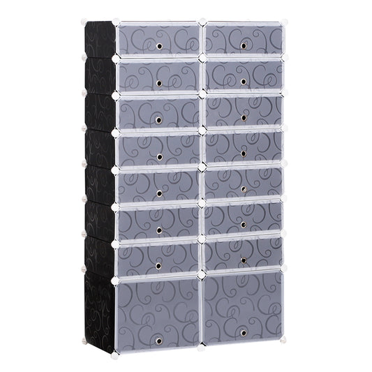 Photo of HOMCOM 16 Cube Shoe Rack, 2 x 8 Tier Shoe Storage Cabinet, Modular Plastic Shelves for Bedroom, Living Room and Entryway, Space Saving Footwear Organizer, 32 Pairs, White and Black in Black colour on a white background